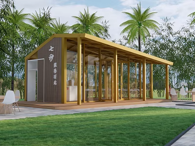 Sipunculid Worm Jelly Experience Store With Modern Wooden Glass Structure Among Palm Trees And Greenery 3d model