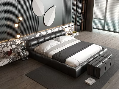 Modern Black Leather Double Bed with White Gray Bedding Headboard and Wooden Floor Decor 3d model