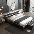 Modern Black Leather Double Bed with White Gray Bedding Headboard and Wooden Floor Decor