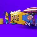 Summer Day Party Setup With Yellow Box Surfboard Striped Umbrella And Beach Chairs