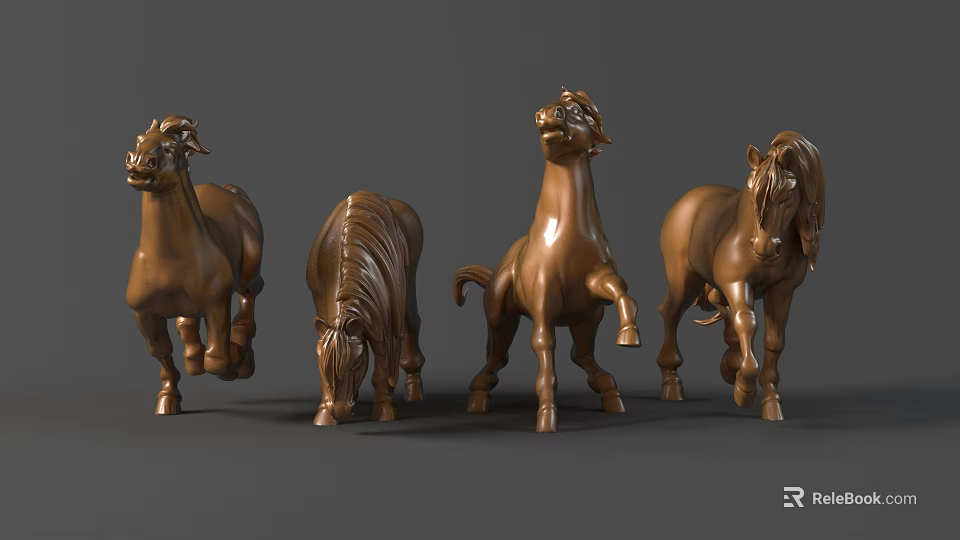 Four Bronze Horse Sculptures Displaying Various Dynamic Poses And Artistic Design 3d model 