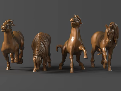 Four Bronze Horse Sculptures Displaying Various Dynamic Poses And Artistic Design 3d model