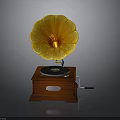 Vintage Gramophone With Yellow Flower Shaped Horn Red Center Black Turntable And Wooden Base