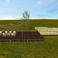Rural Garden Landscape With Circular Central Area Wooden Pathways And Small Pavilions