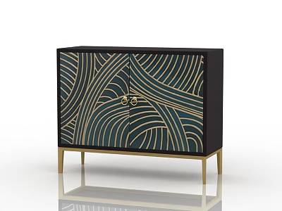 Elegant Console Cabinet Sideboard With Teal Gold Wave Pattern And Gold Metal Legs 3d model