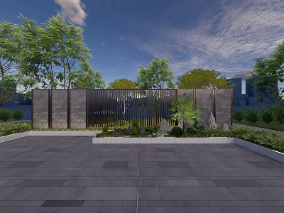 Modern Landscape Feature Wall With Stone Panels Metal Grille And Green Plants 3d model