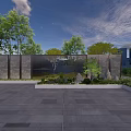 Modern Landscape Feature Wall With Stone Panels Metal Grille And Green Plants
