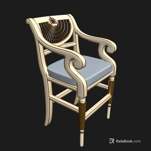 White Frame Accent Chair With Blue Cushion Curved Armrests And Golden Accents 3d model 