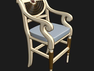 White Frame Accent Chair With Blue Cushion Curved Armrests And Golden Accents 3d model