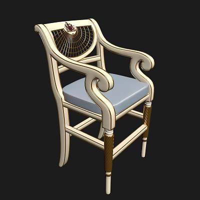 White Frame Accent Chair With Blue Cushion Curved Armrests And Golden Accents 3d model