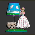 Cute Doll In Pink Dress Standing With Lambs And Blue Lampshade On Grass Base