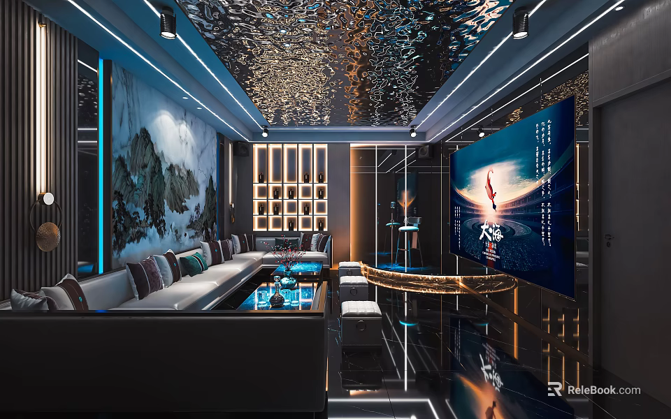 Luxurious Modern KTV Private Room With Comfortable Sofa Large LED Screen And Ambient Lighting 3d model 