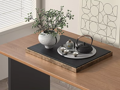 Stylish Tea Set On Wooden Table With Tray Teapot Teacups Vase Plant And Geometric Wall 3d model