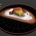 Yellow Cartoon Character On Bread With White Sauce Red Strips Green Garnishes On Black Plate