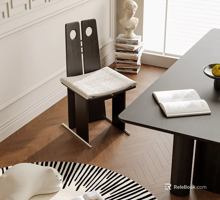 Modern Dining Chair With Black Frame And White Cushion In Wooden Floor Interior With Table 3d model 