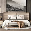 Nordic Double Bed Home Double Bed End Stool Carpet Vase Ornaments Pillow Bedding Blanket Bedside Table Wall Lamp 3d model