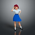 Child With Red Hair And Red Headband Posing In White Shirt And Blue Skirt