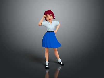 Child With Red Hair And Red Headband Posing In White Shirt And Blue Skirt 3d model