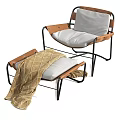 Modern Leisure Chair with Ottoman White Cushion Black Metal Frame and Brown Leather Throw Blanket