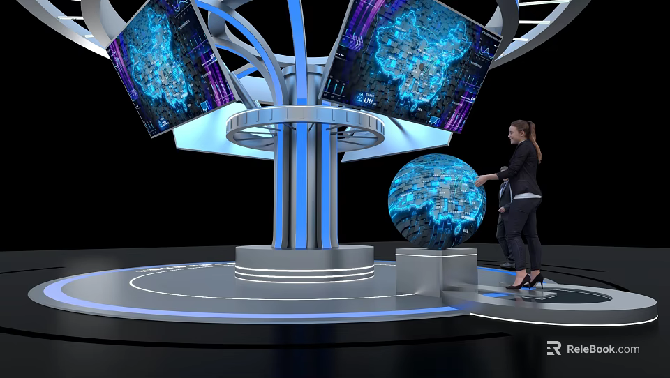 Futuristic Technology Exhibition Hall With Interactive Globe And Large Digital Screens 3d model