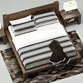 Cozy Wooden Double Bed With Striped Bedding Nightstand And Table Lamp
