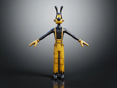 3D Anthropomorphic Cartoon Character With Black Ears And Yellow Overalls In Standing Pose 3d model