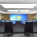 Spacious Conference Room With Long Table Black Chairs Blue Backdrop And Ceiling Lights 3d model