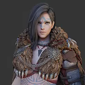 Woman In Detailed Warrior Armor Holding Battle Axe And Decorative Shield With Tattoos