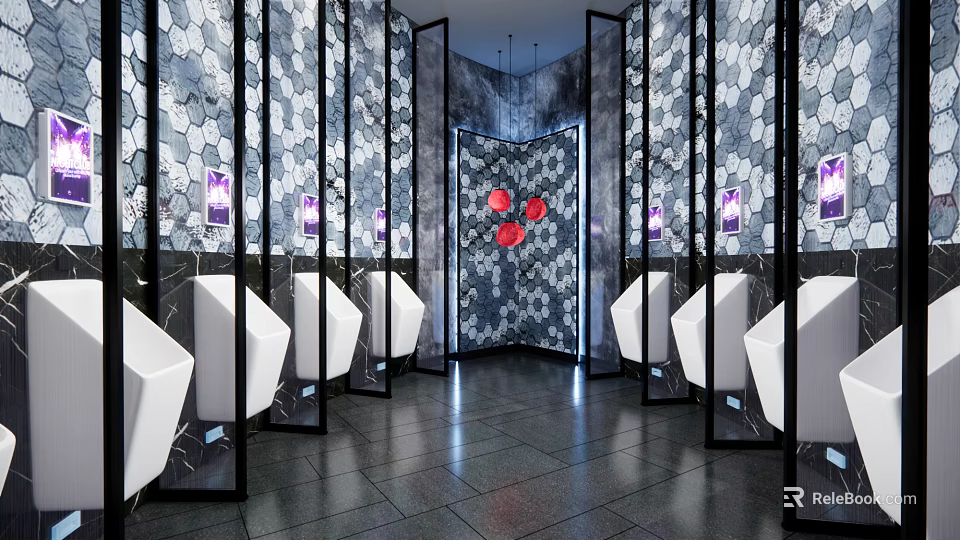 Public Toilet Featuring White Urinals On Both Sides Black White Hexagonal Walls Red Flower Door 3d model 