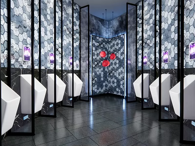 Public Toilet Featuring White Urinals On Both Sides Black White Hexagonal Walls Red Flower Door 3d model