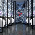 Public Toilet Featuring White Urinals On Both Sides Black White Hexagonal Walls Red Flower Door