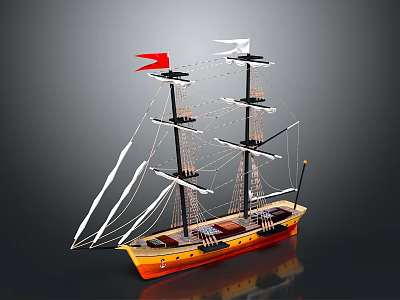 Model Sailing Ship with Multiple Masts White Sails and Colored Flags Orange Yellow Hull Design 3d model
