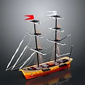 Model Sailing Ship with Multiple Masts White Sails and Colored Flags Orange Yellow Hull Design