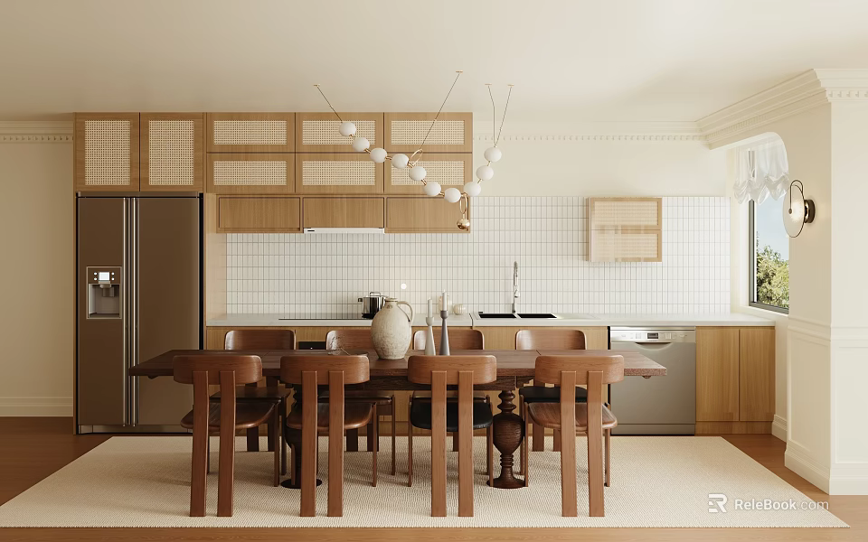 Modern Open Kitchen Interior With Wooden Cabinets Dining Table And Hanging Lights 3d model 