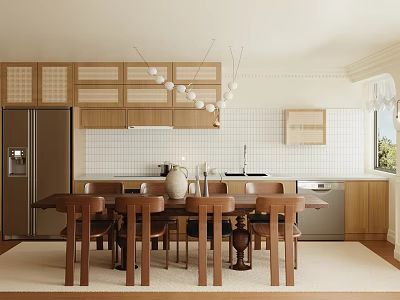 Modern Open Kitchen Interior With Wooden Cabinets Dining Table And Hanging Lights 3d model