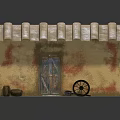 Old Shed Exterior With Corrugated Iron Roof Yellowish Walls Red Patches Wooden Door And Old Wheel