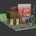 Cartoon Scene of Lively Street with Colorful Shops Buildings and Decorative Signs