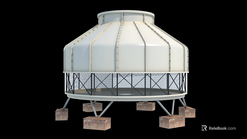 Industrial Cooling Tower With White Exterior Metal Frame And Concrete Base 3d model 