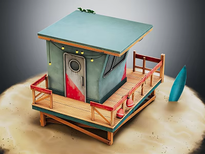 Cartoon Beach Hut On Sandy Ground With Blue Roof Red Door Wooden Balcony And Surfboard 3d model