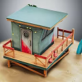 Cartoon Beach Hut On Sandy Ground With Blue Roof Red Door Wooden Balcony And Surfboard
