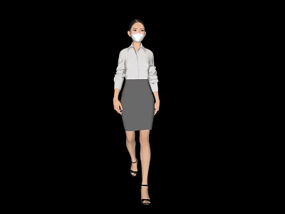 Woman Wearing White Shirt And Gray Skirt Walking With Face Mask 3d model