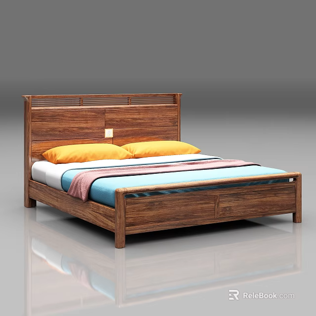 Modern Double Bed With Wooden Frame Stylish Headboard Yellow Pillows And Colorful Sheets 3d model 