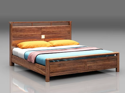 Modern Double Bed With Wooden Frame Stylish Headboard Yellow Pillows And Colorful Sheets 3d model