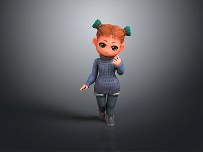 Cute Cartoon Girl Game Movie Character With Red Brown Hair Green Hair Ties Gray Sweater 3d model