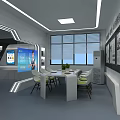 Modern Tech Public Office Space With Display Screens Tables Chairs Cabinets And LED Lights