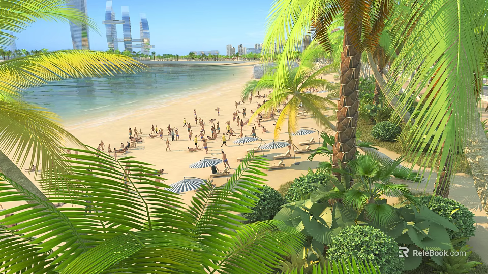 Tropical Garden Landscape With Palm Trees Lush Greenery Sun Umbrellas And Seaside Beach Scene 3d model 