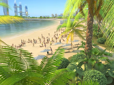 Tropical Garden Landscape With Palm Trees Lush Greenery Sun Umbrellas And Seaside Beach Scene 3d model