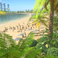 Tropical Garden Landscape With Palm Trees Lush Greenery Sun Umbrellas And Seaside Beach Scene