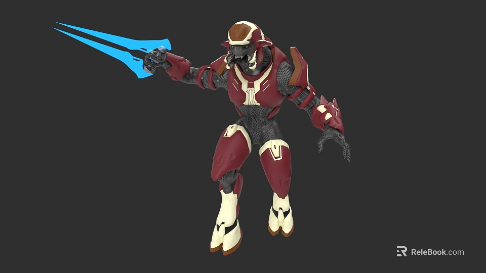 Game and Movie Character 3D Model Featuring Red White Armor Blue Glowing Weapon Battle Stance 3d model 