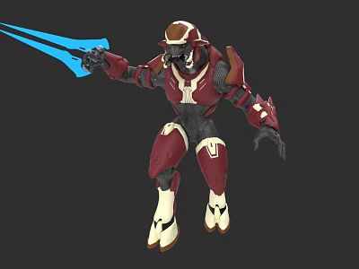 Game and Movie Character 3D Model Featuring Red White Armor Blue Glowing Weapon Battle Stance 3d model
